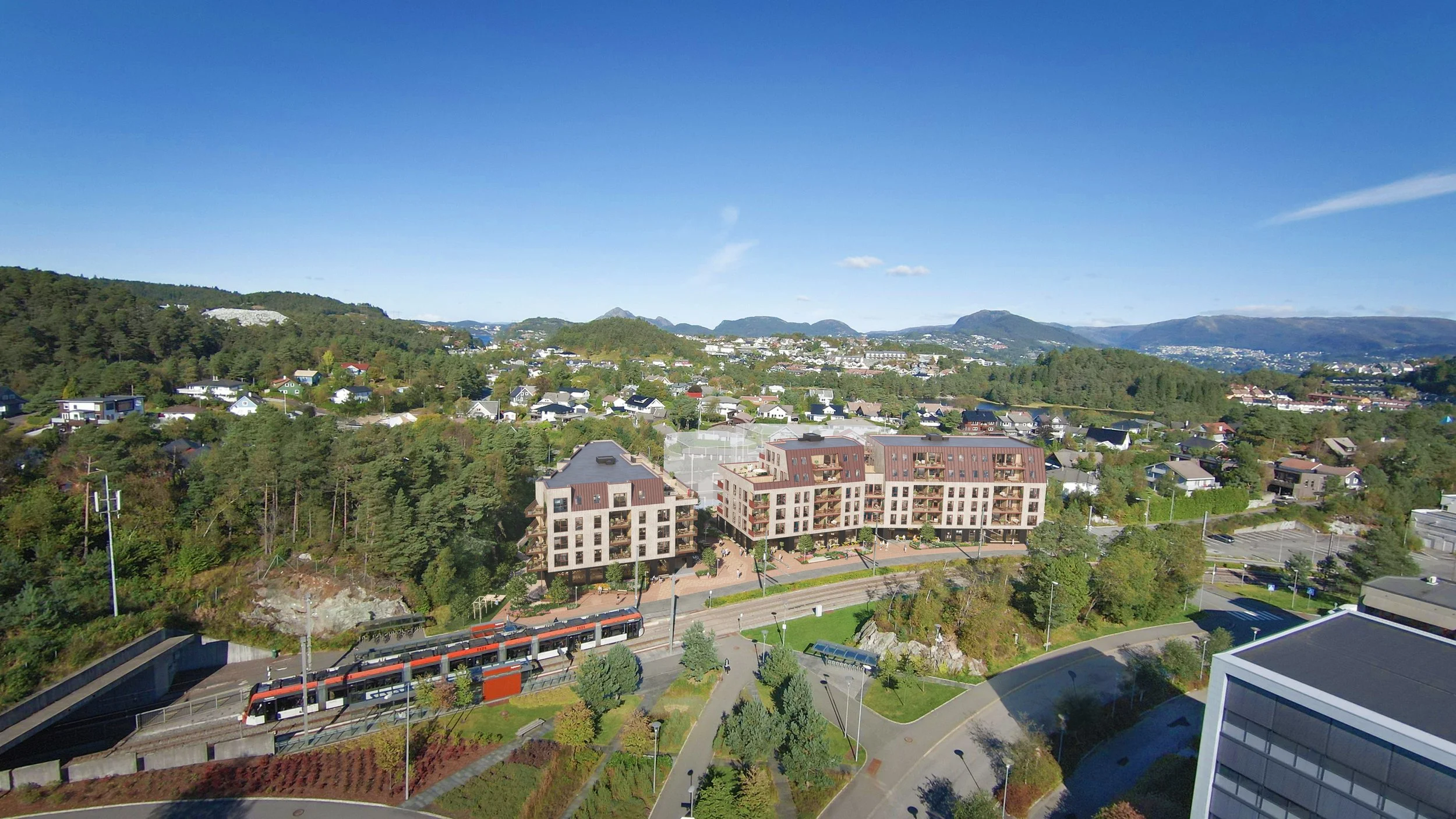  Et nytt nabolag vokser frem på den gamle parkeringsplassen ved Sandslimarka, kun 6 minutter fra Fleslad og en kort bybanetur fra Bergen Sentrum.  